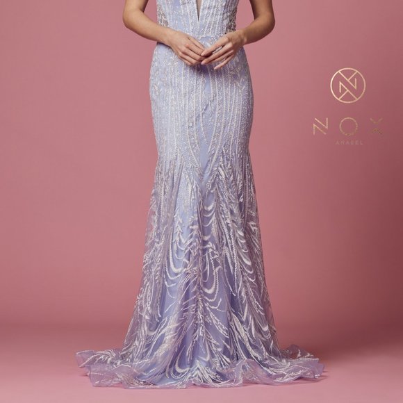 NEW LONG OFF THE SHOULDER SLEEVELESS SHEATH DRESS EMBROIDERED WITH LACE NX T1010 - Picture 5 of 8